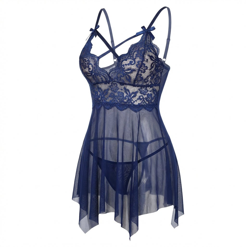 Navy Lace Babydoll With Strappy Cutout Detail And Mesh Skirt - Marelia