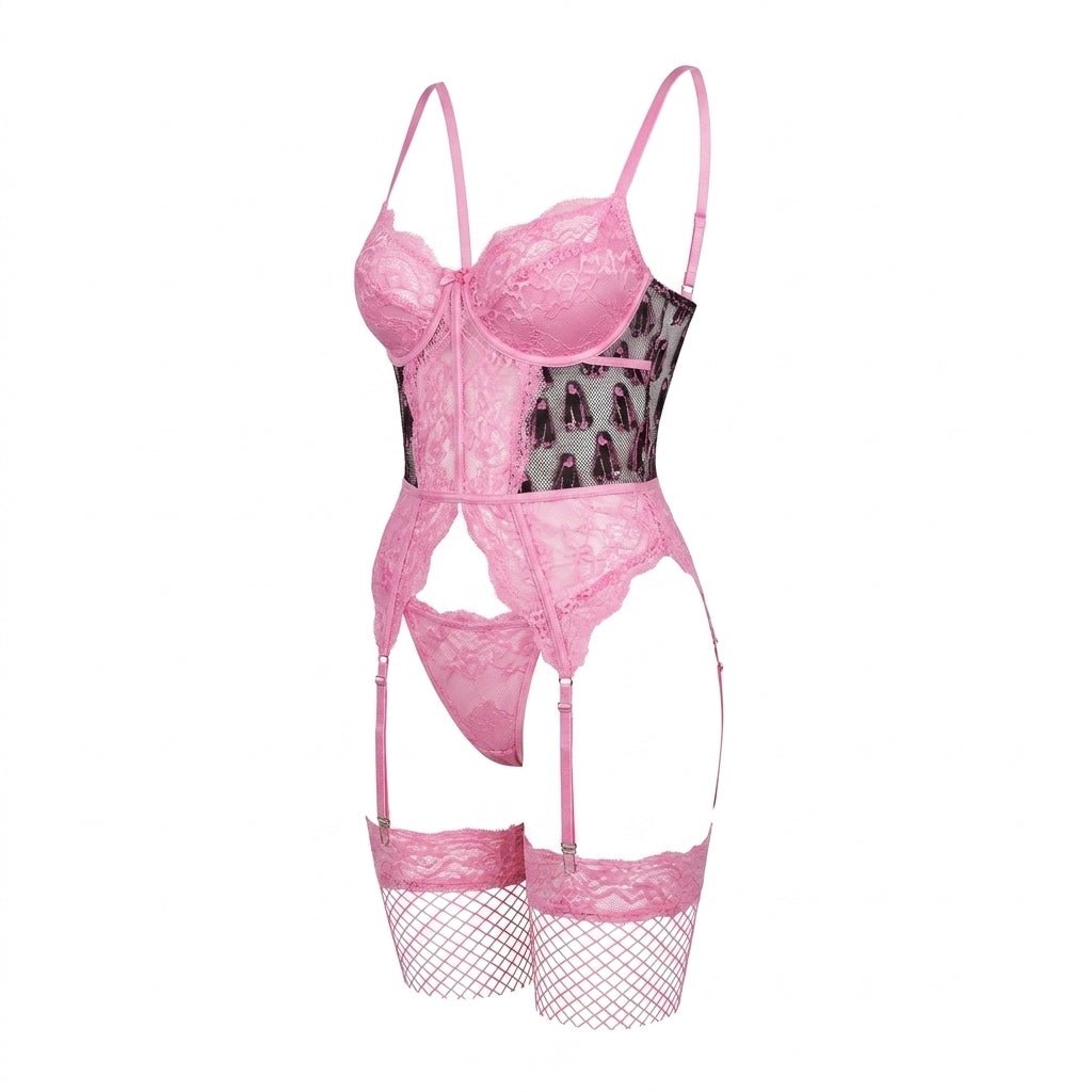 Pink Plus Size Lace Basque Thong And Stockings Set - MARELIA