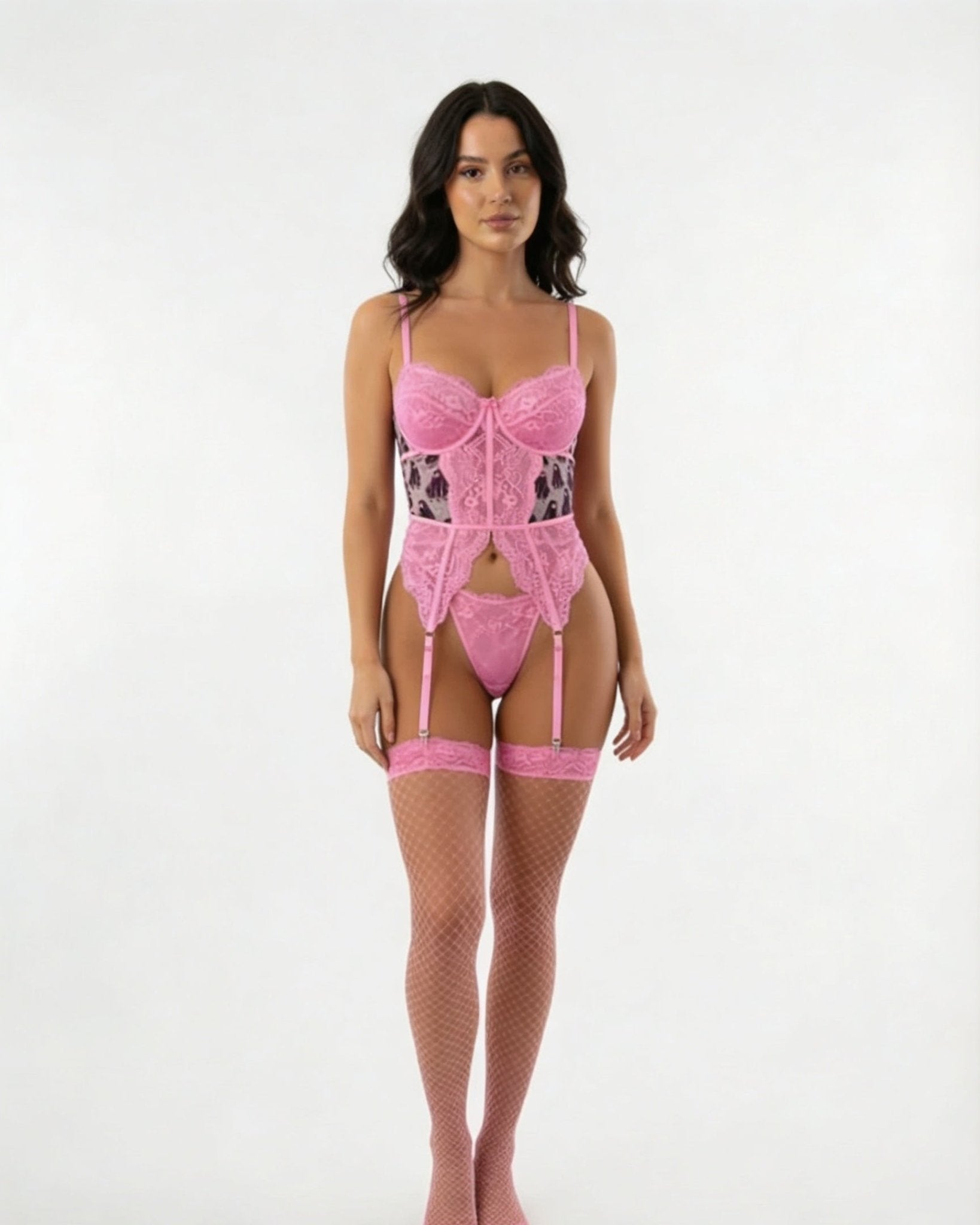 Pink Plus Size Lace Basque Thong And Stockings Set - MARELIA