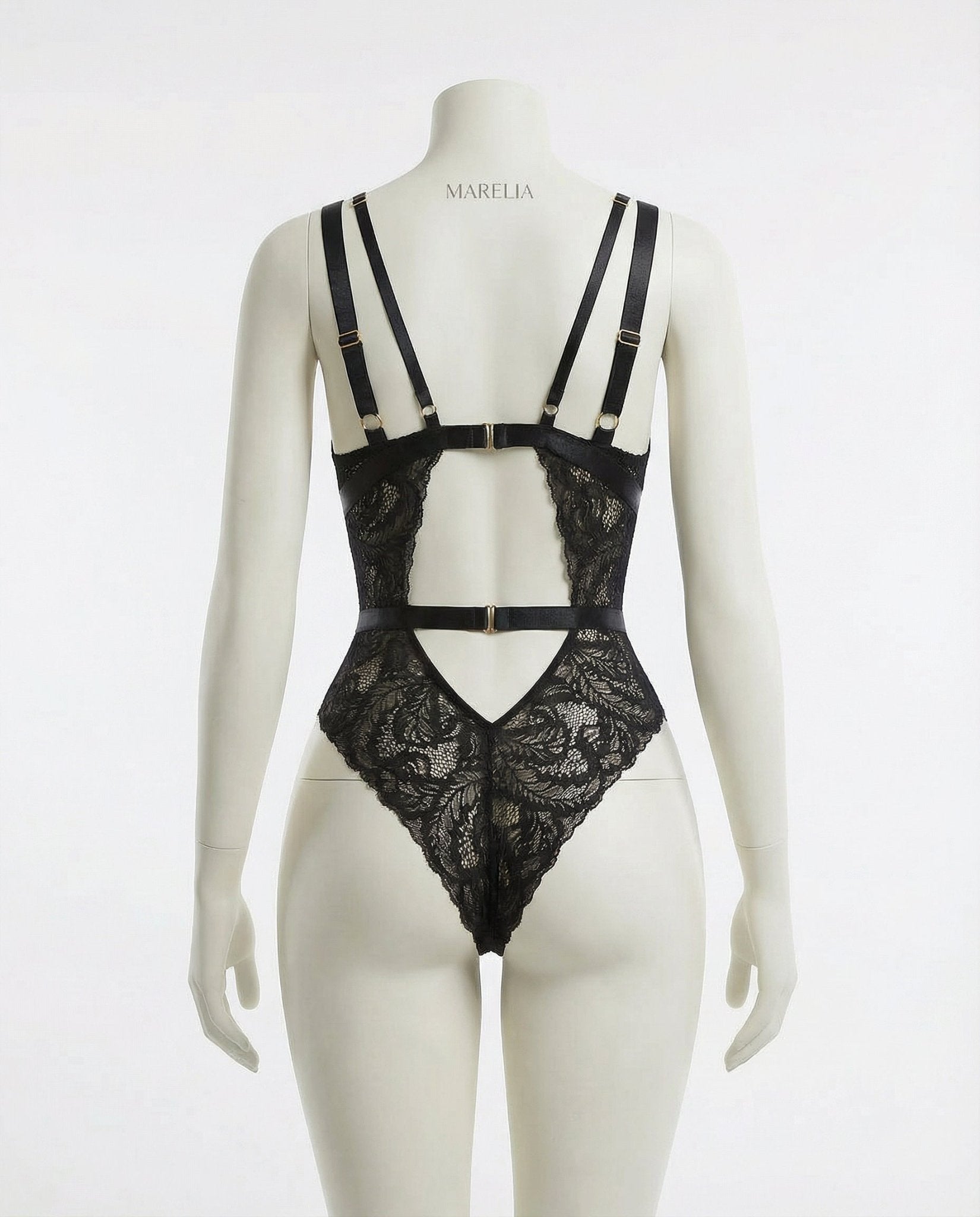 Black Lace Bodysuit With Strappy Back Detail - Marelia