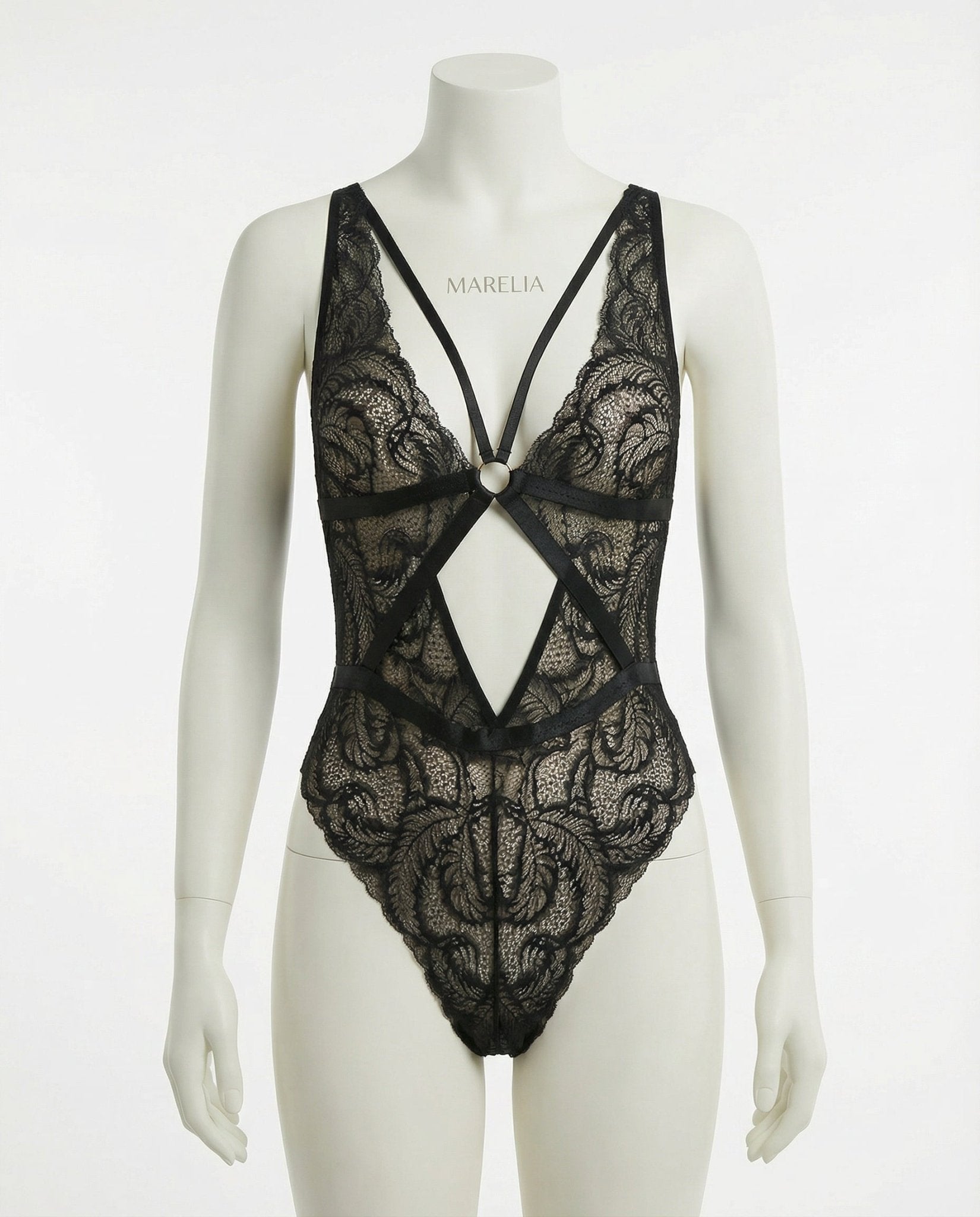 Black Lace Bodysuit With Strappy Back Detail - Marelia