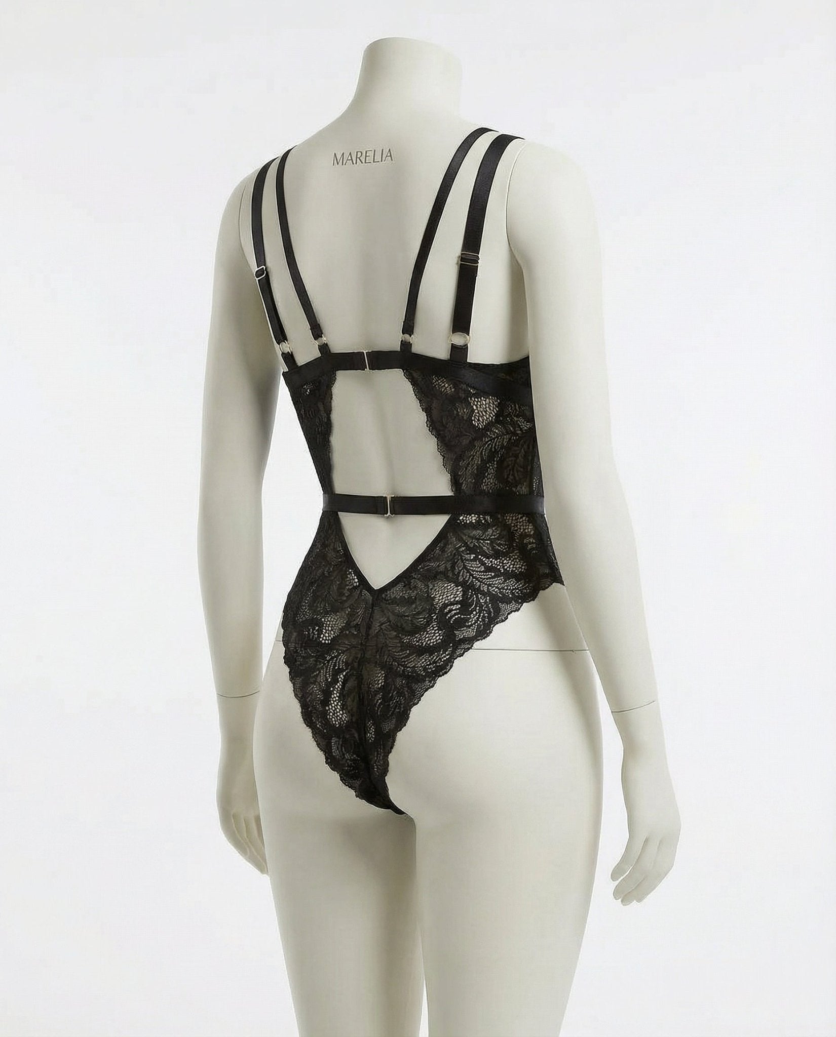 Black Lace Bodysuit With Strappy Back Detail - Marelia