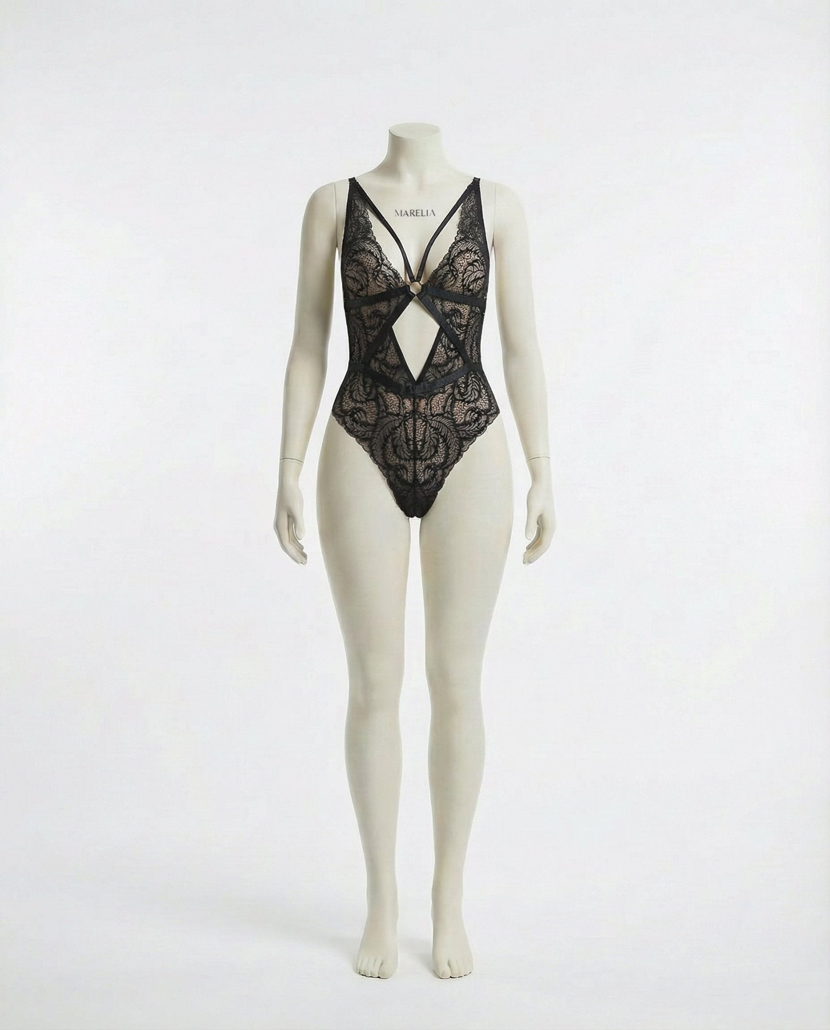 Black Lace Bodysuit With Strappy Back Detail - Marelia