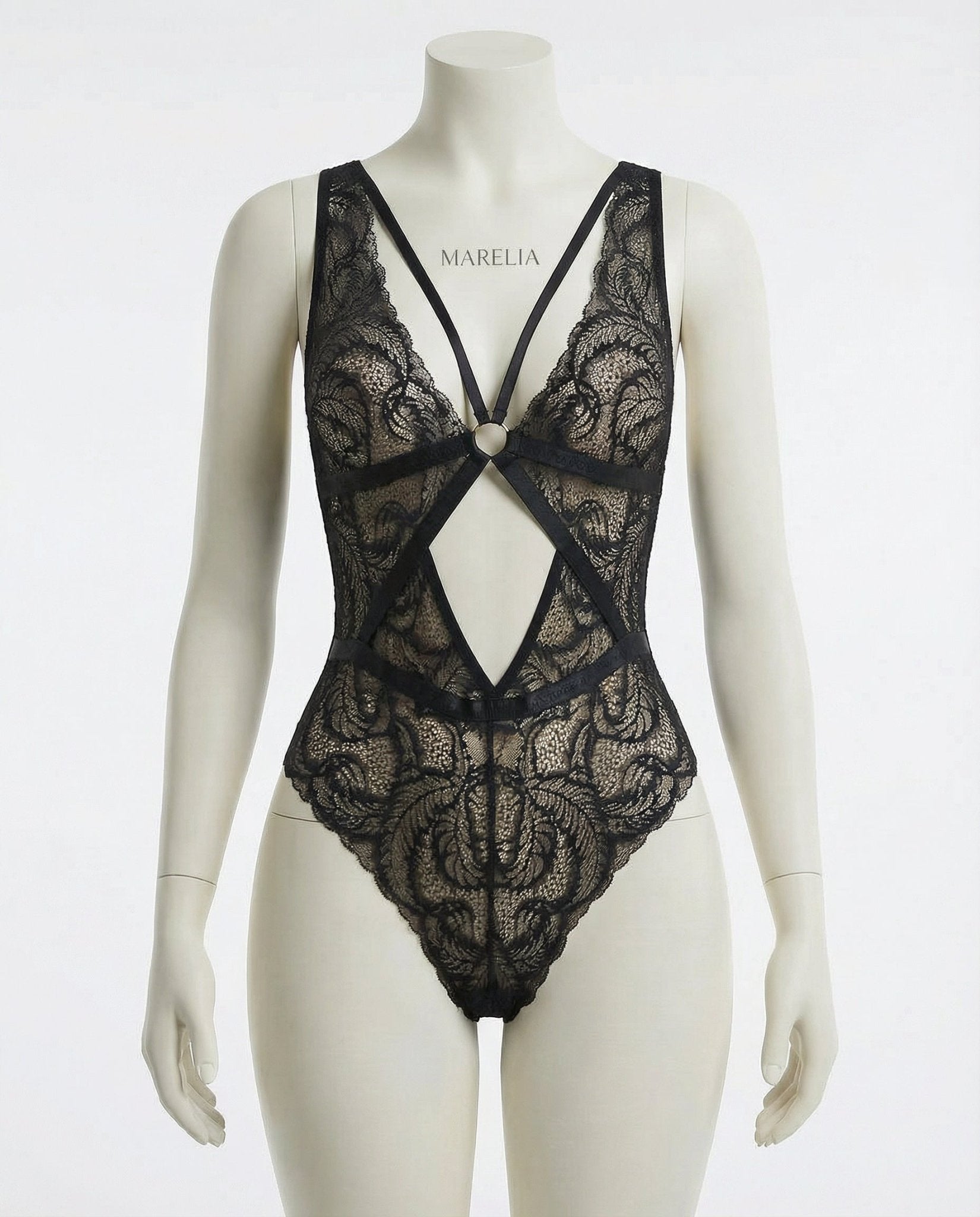 Black Lace Bodysuit With Strappy Back Detail - Marelia