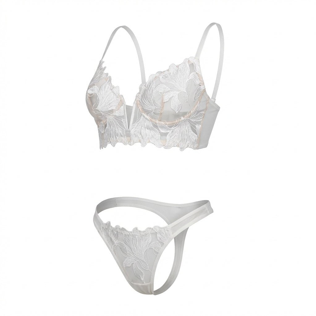 White Lace Bra And G-String Set - Marelia
