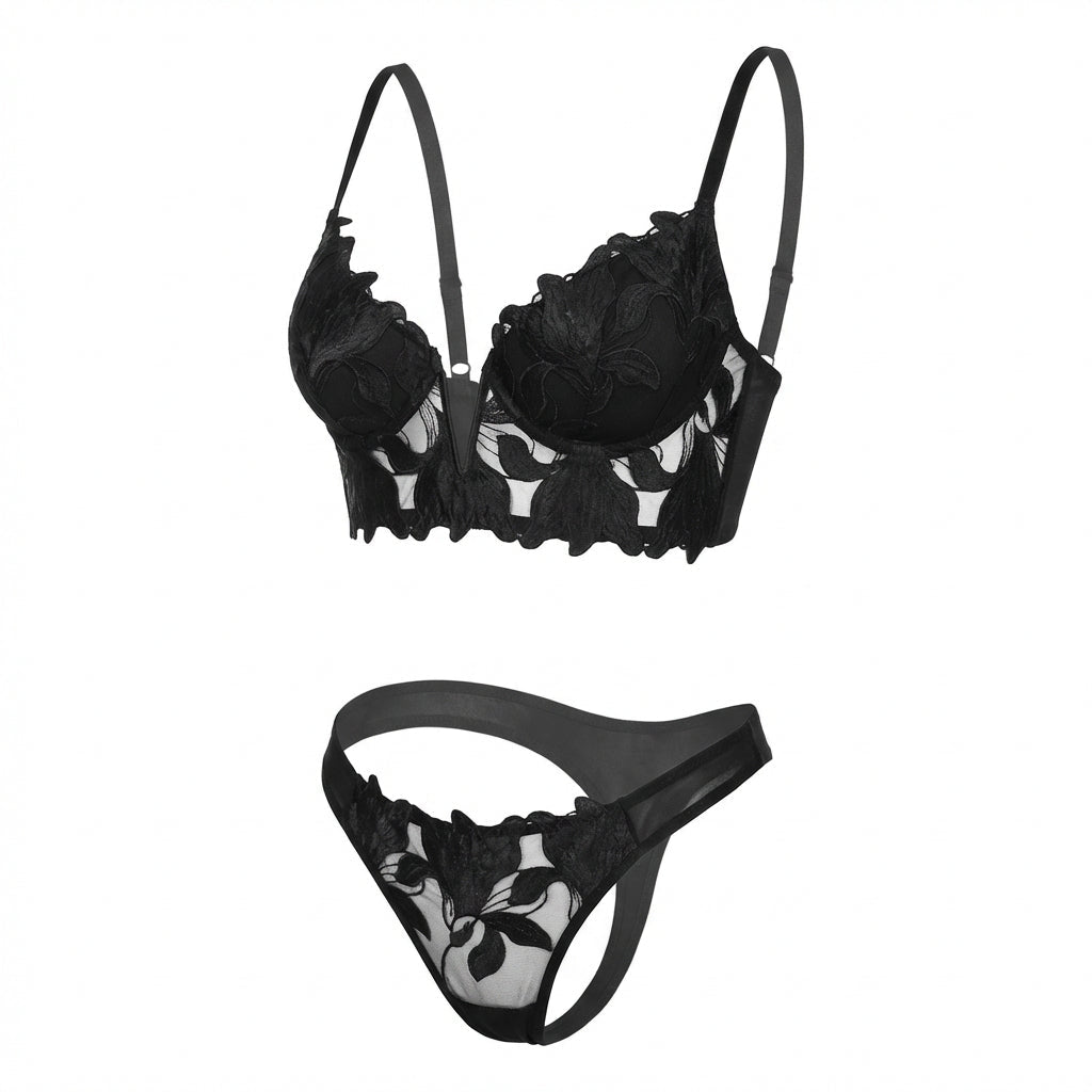Black Lace Bra And G-String Set - Marelia