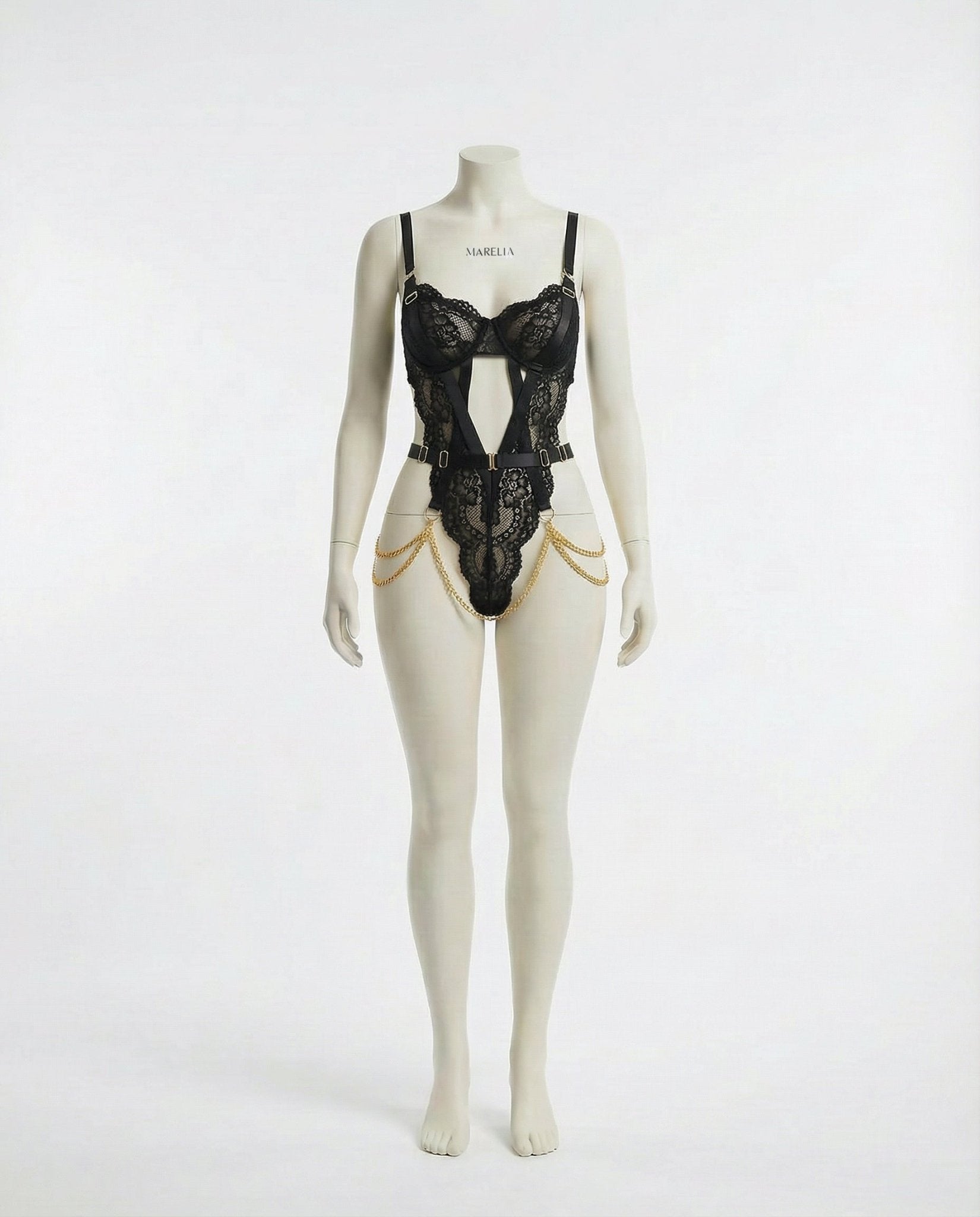 Black Lace Bra And G-String Set With Suspender Belt - Marelia