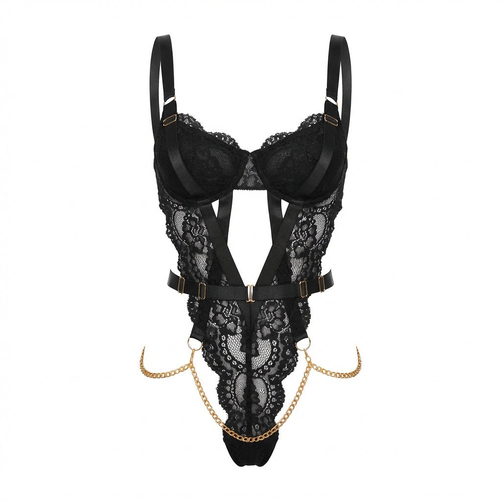 Black Lace Bra And G-String Set With Suspender Belt - Marelia