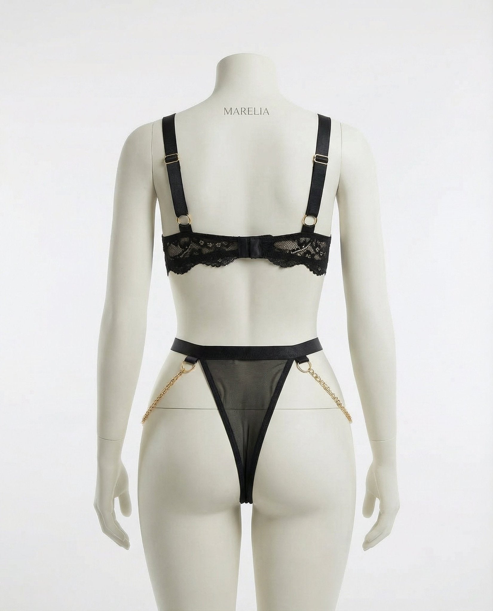 Black Lace Bra And G-String Set With Suspender Belt - Marelia