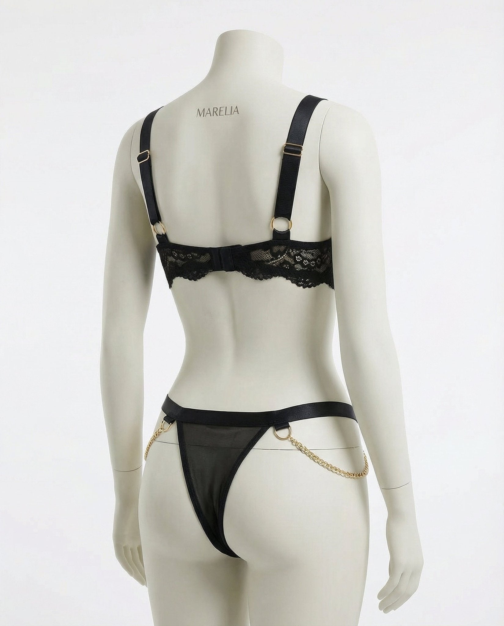 Black Lace Bra And G-String Set With Suspender Belt - Marelia