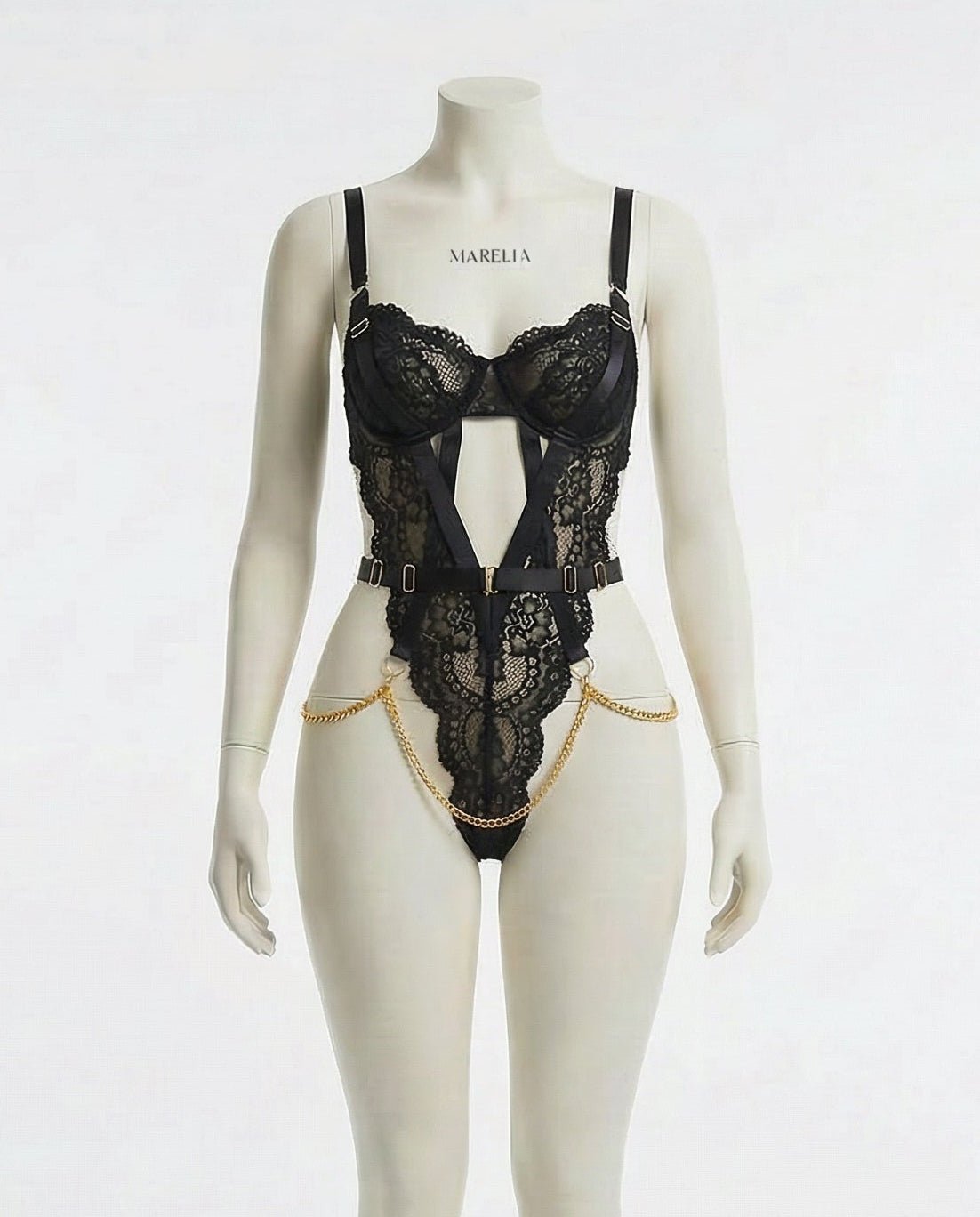 Black Lace Bra And G-String Set With Suspender Belt - Marelia