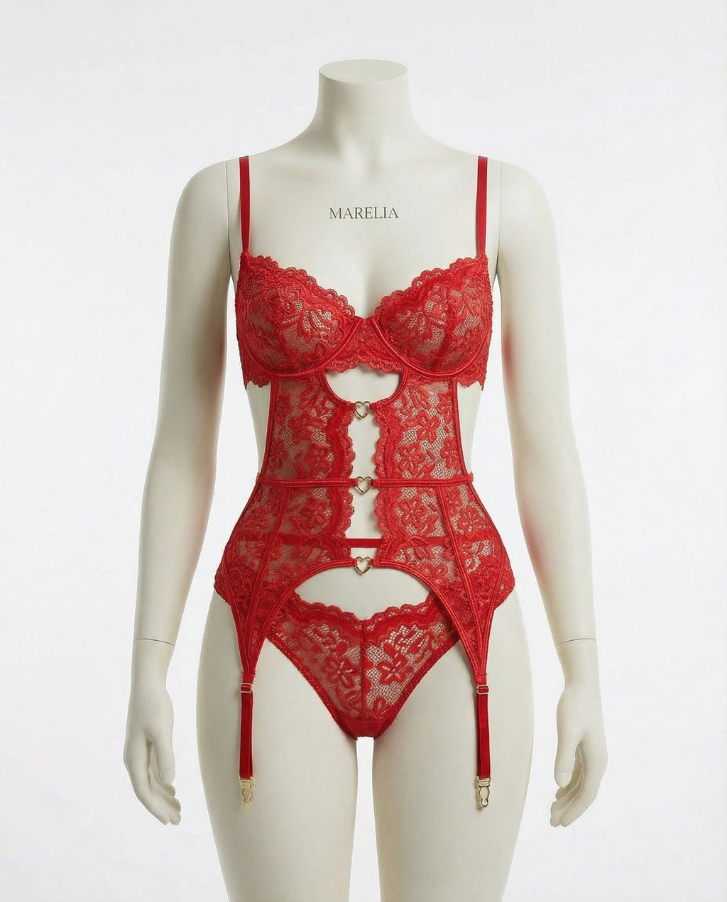 Red Lace Bra Suspender Belt Brief And Stockings Set - Marelia