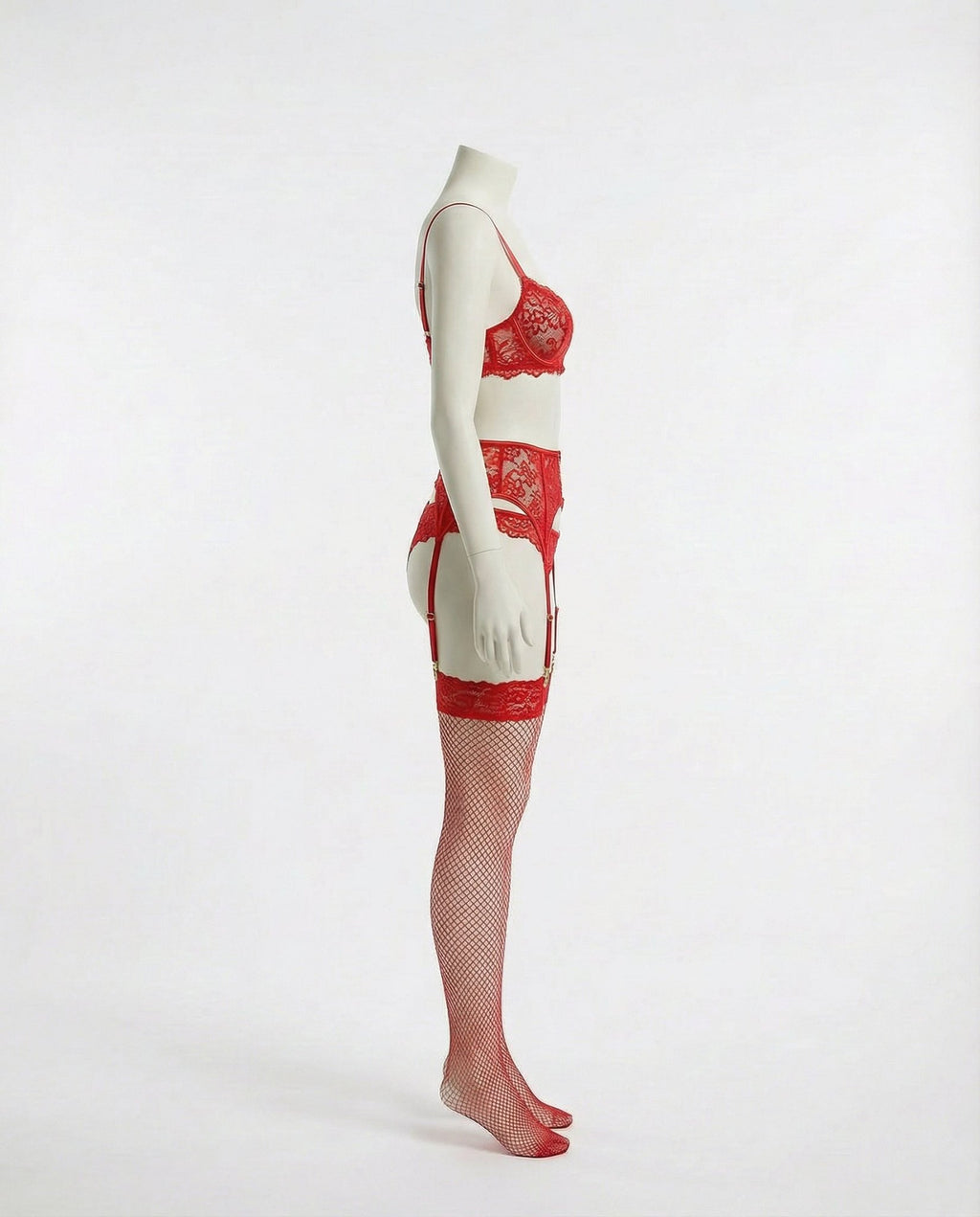 Red Lace Bra Suspender Belt Brief And Stockings Set - Marelia