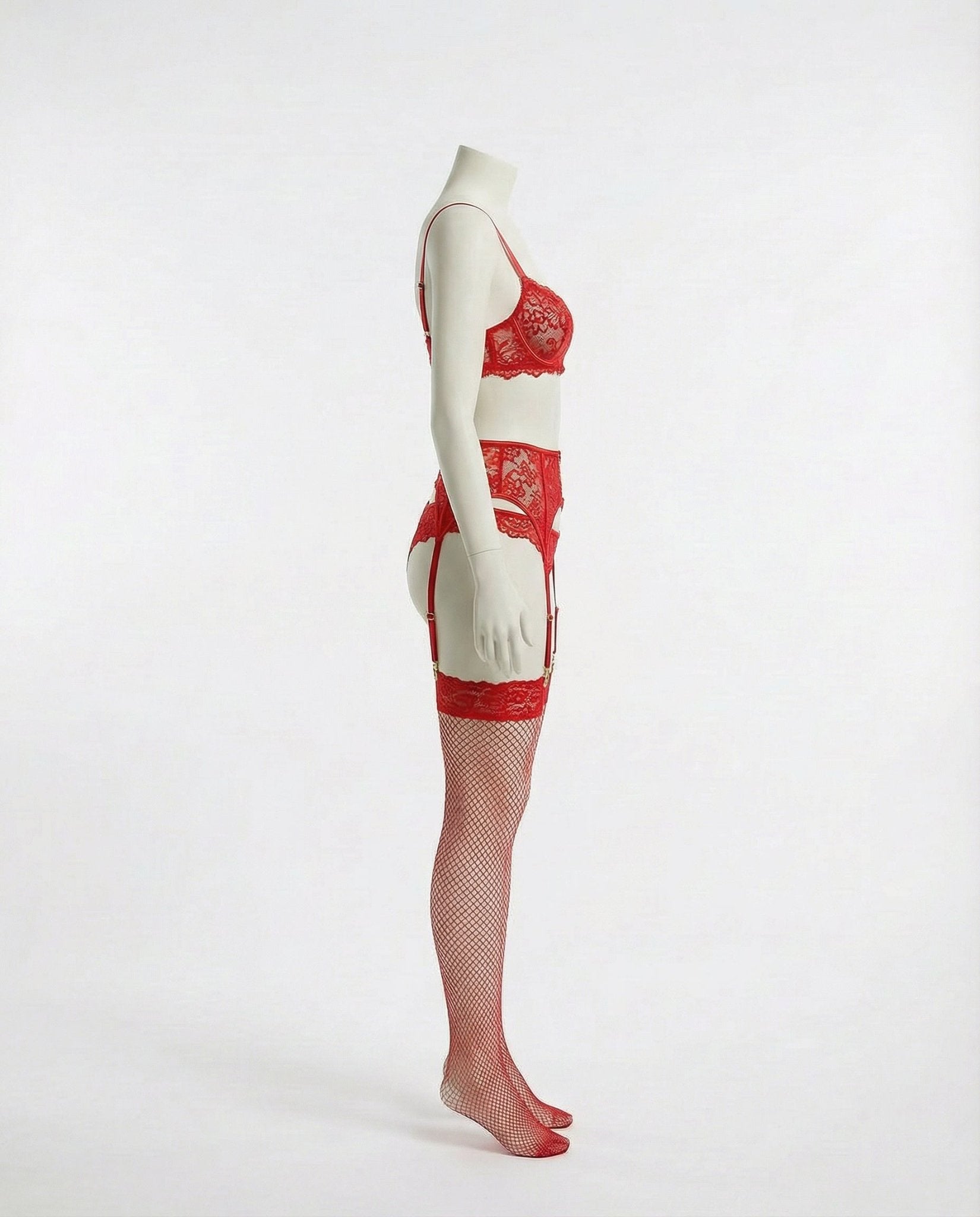 Red Lace Bra Suspender Belt Brief And Stockings Set - Marelia