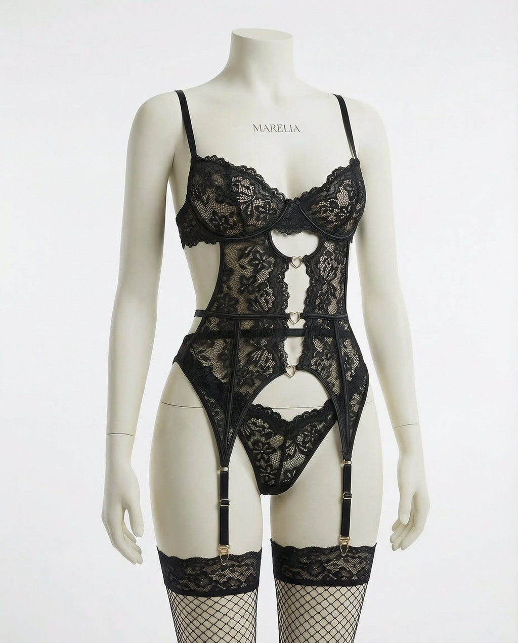 Black Lace Bra Suspender Belt Brief And Stockings Set - Marelia