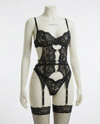 Black Lace Bra Suspender Belt Brief And Stockings Set - Marelia