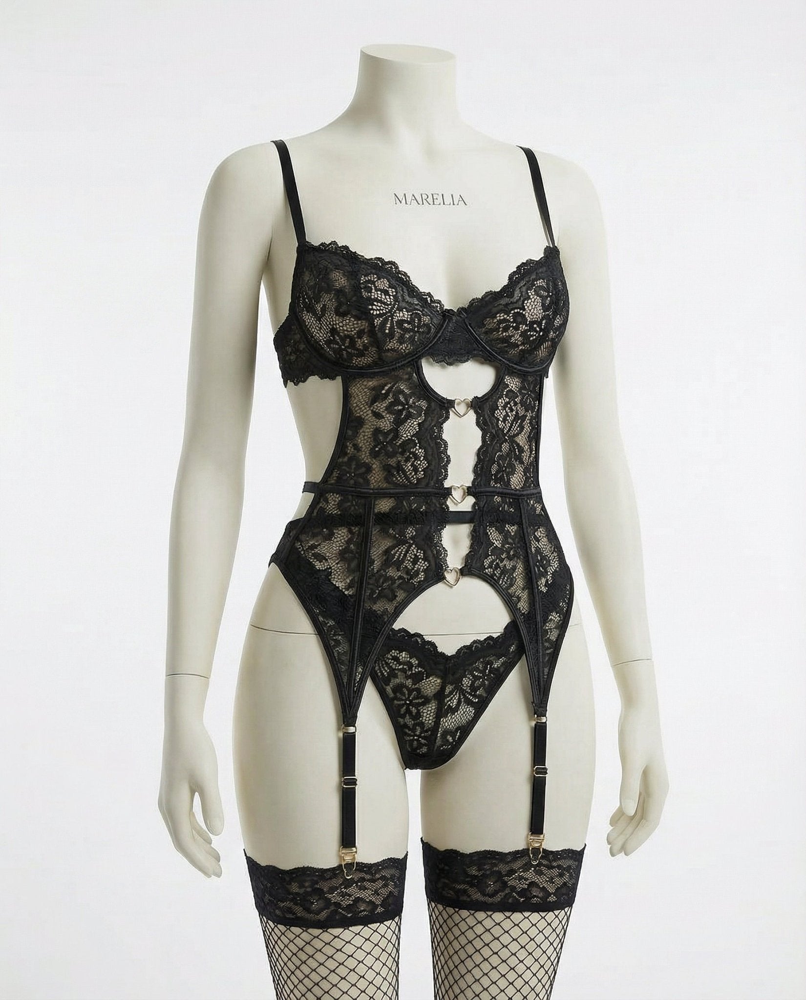 Black Lace Bra Suspender Belt Brief And Stockings Set - Marelia