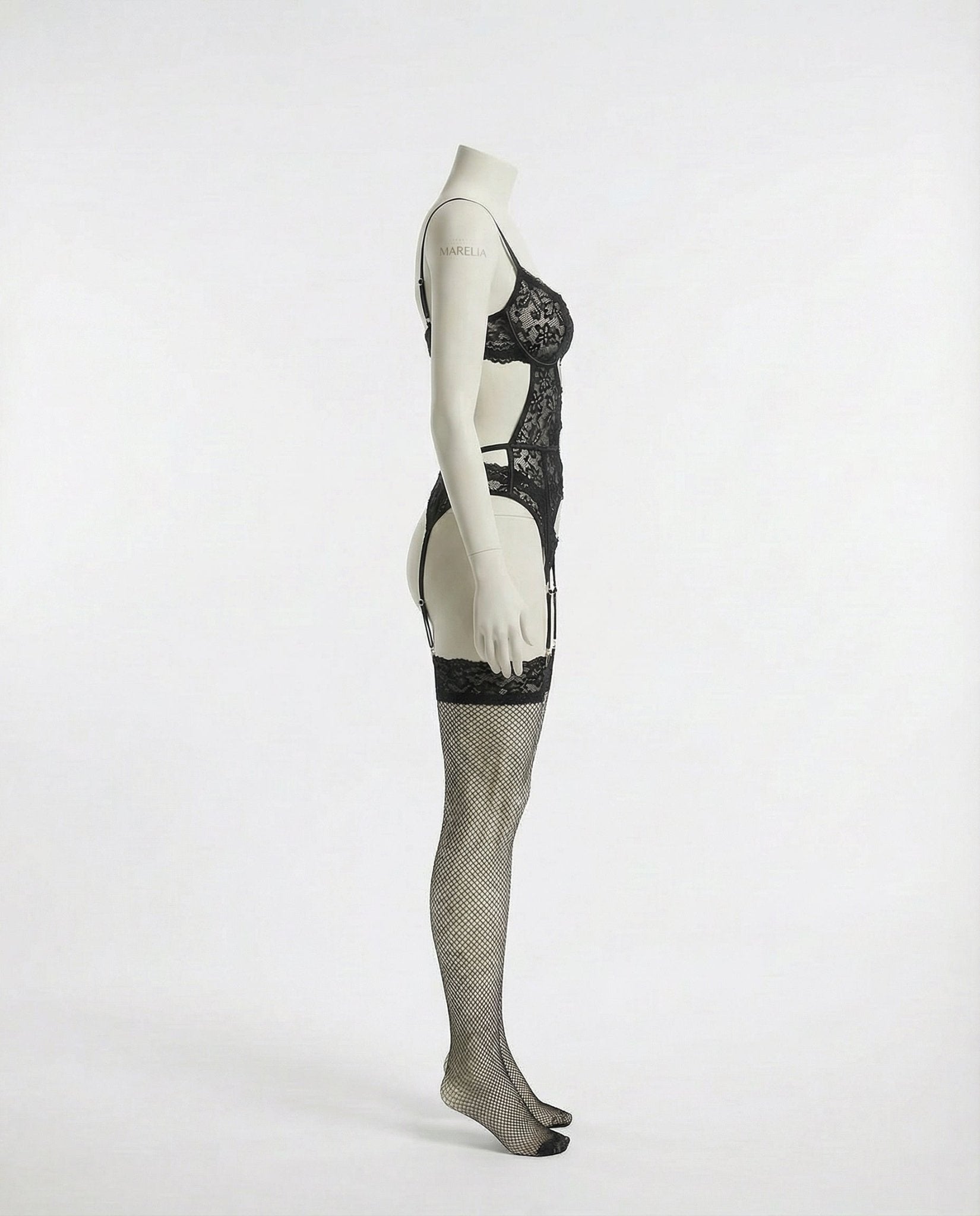 Black Lace Bra Suspender Belt Brief And Stockings Set - Marelia