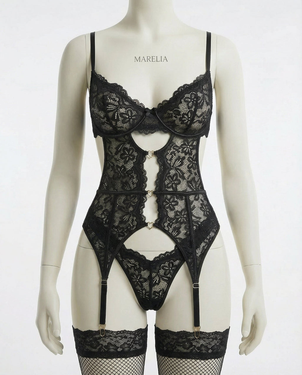 Black Lace Bra Suspender Belt Brief And Stockings Set - Marelia
