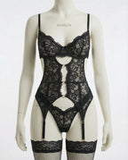 Black Lace Bra Suspender Belt Brief And Stockings Set - Marelia