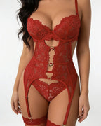 Lace Bra Suspender Belt Brief And Stockings Set - Marelia