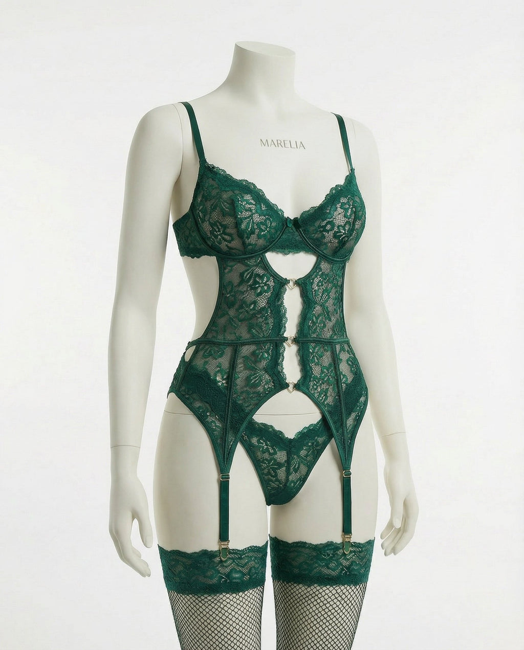 Green Lace Bra Suspender Belt Brief And Stockings Set - Marelia
