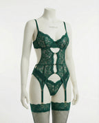 Green Lace Bra Suspender Belt Brief And Stockings Set - Marelia