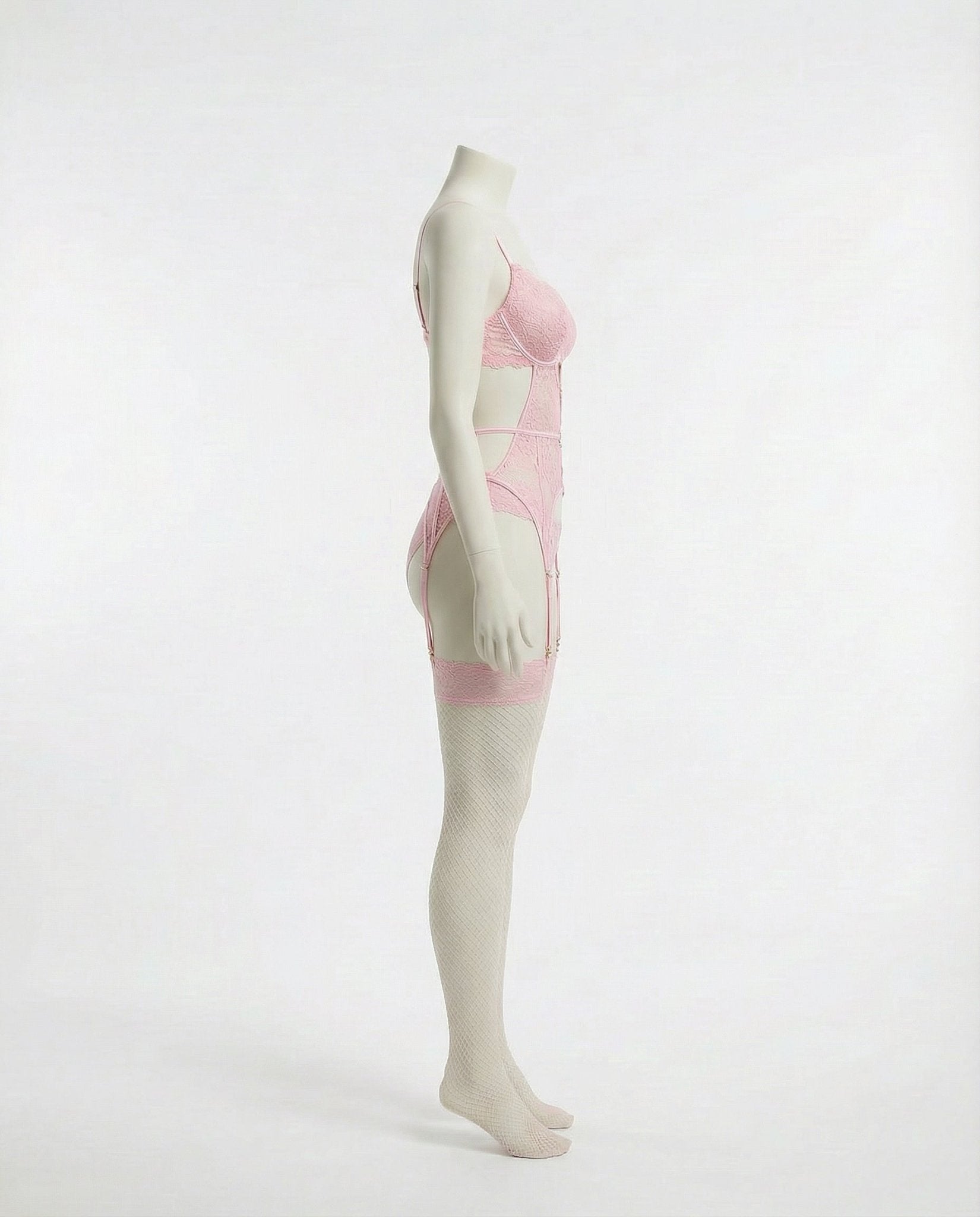 Pink Lace Bra Suspender Belt Brief And Stockings Set - Marelia