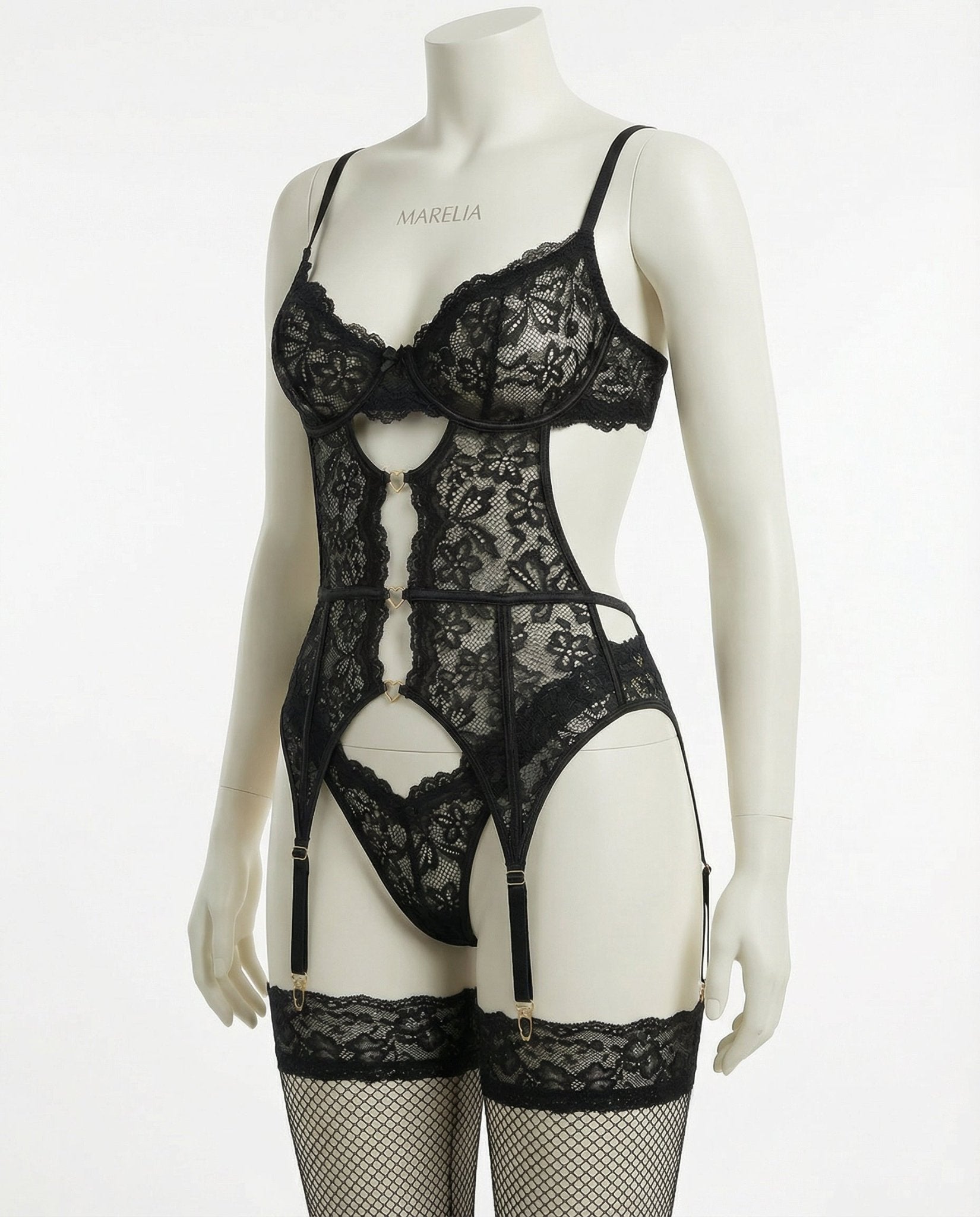 Black Lace Bra Suspender Belt Brief And Stockings Set - Marelia