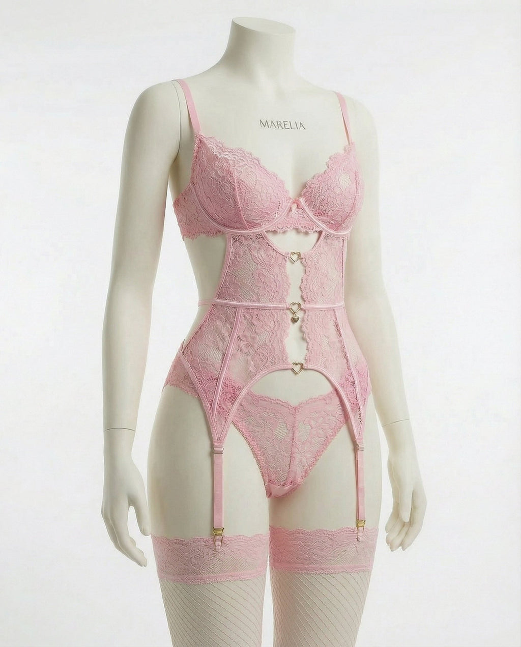 Pink Lace Bra Suspender Belt Brief And Stockings Set - Marelia