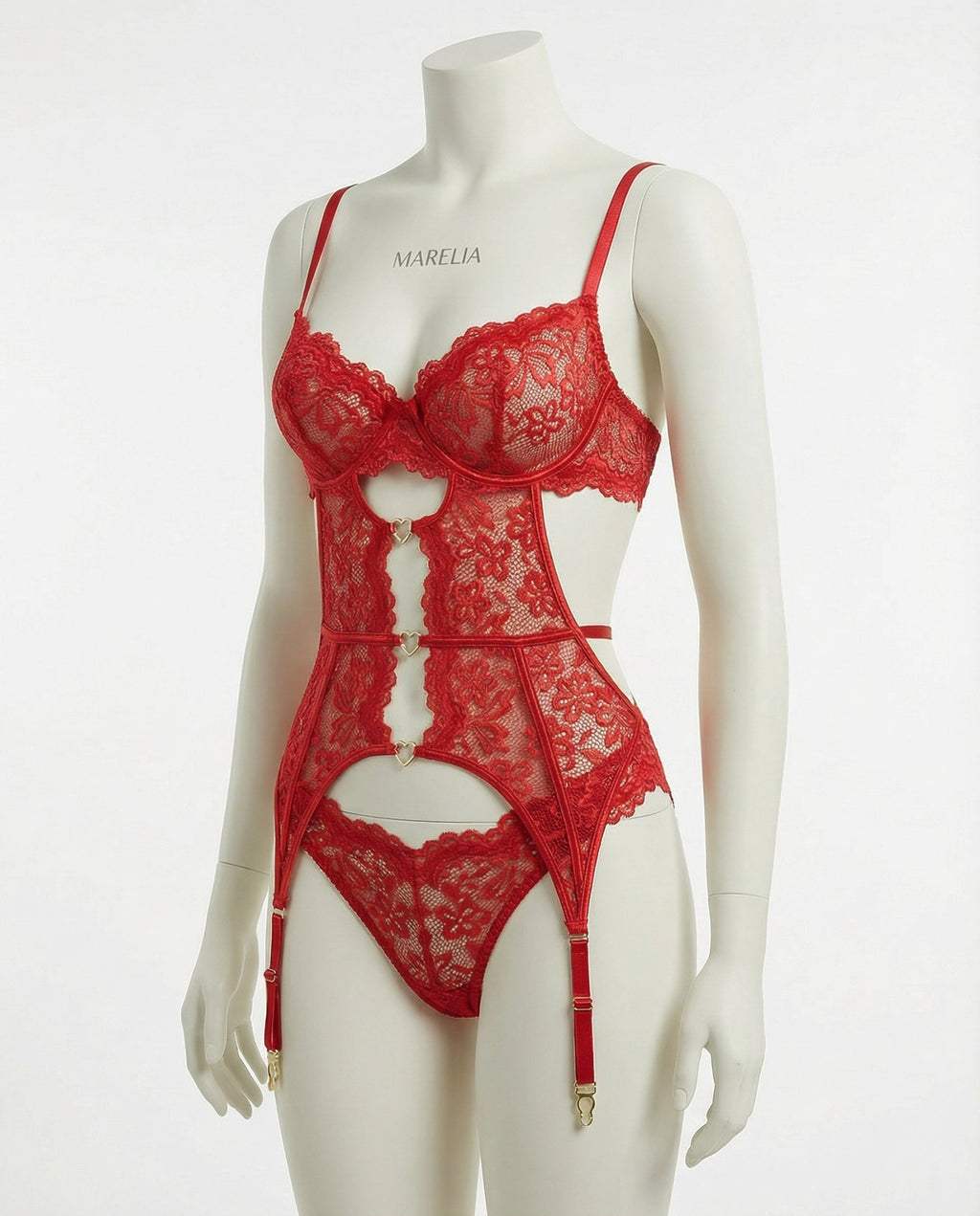 Red Lace Bra Suspender Belt Brief And Stockings Set - Marelia