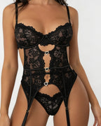 Lace Bra Suspender Belt Brief And Stockings Set - Marelia