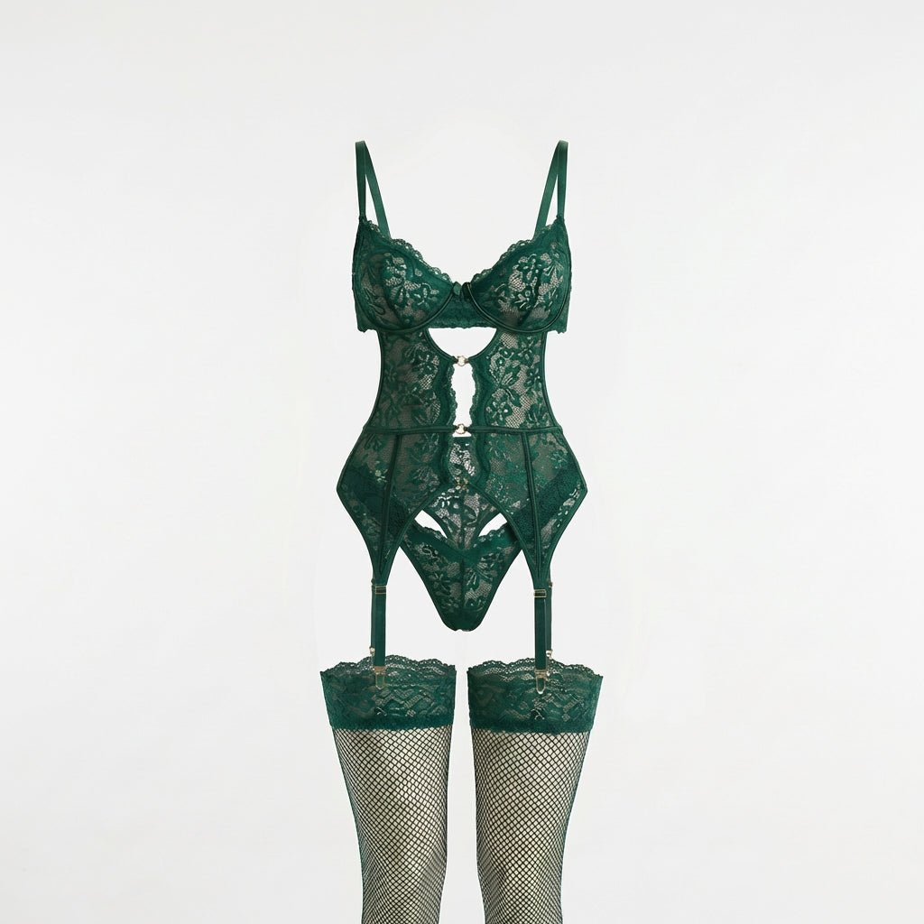 Green Lace Bra Suspender Belt Brief And Stockings Set - Marelia