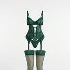 Green Lace Bra Suspender Belt Brief And Stockings Set - Marelia