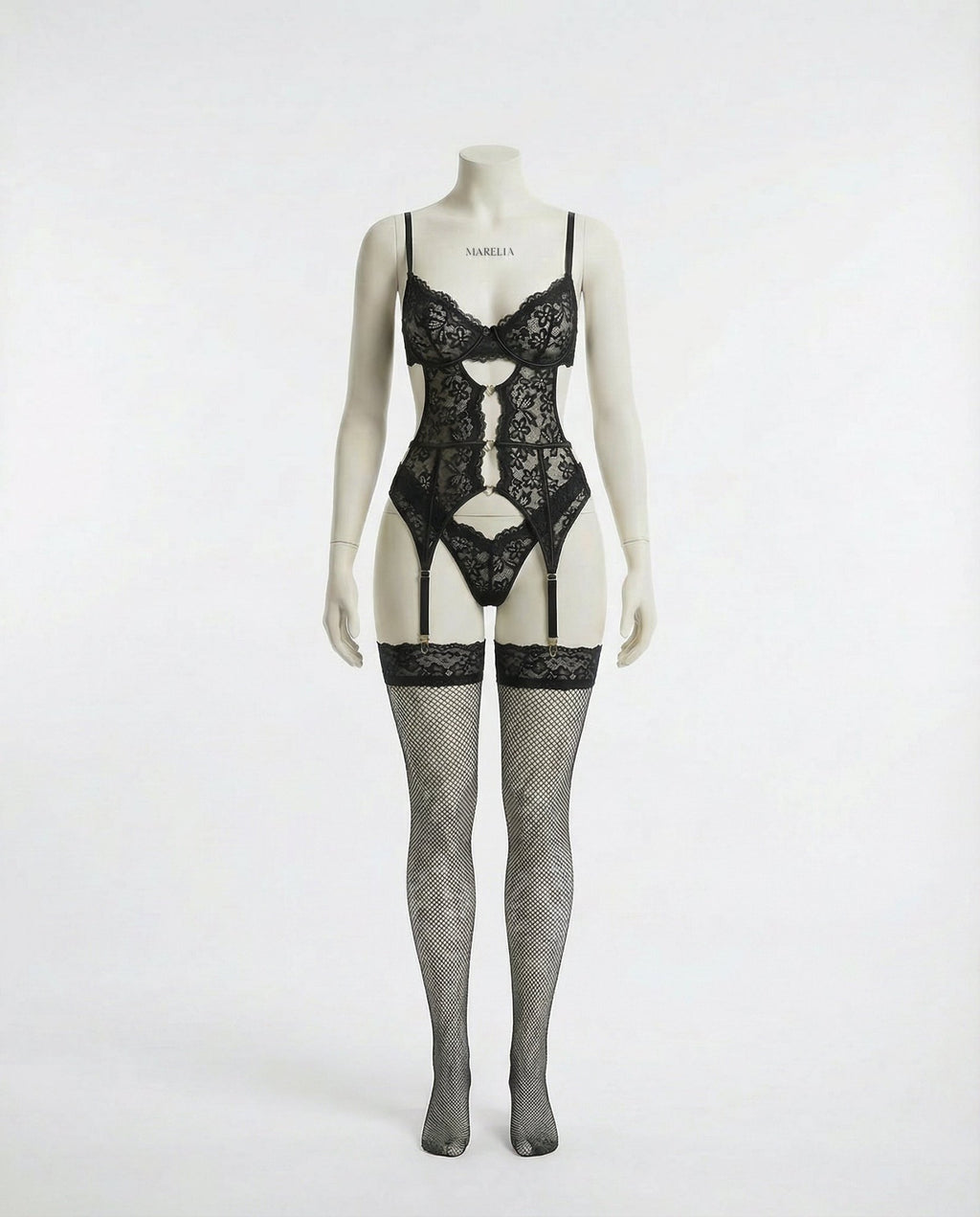 Black Lace Bra Suspender Belt Brief And Stockings Set - Marelia