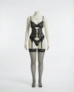 Black Lace Bra Suspender Belt Brief And Stockings Set - Marelia