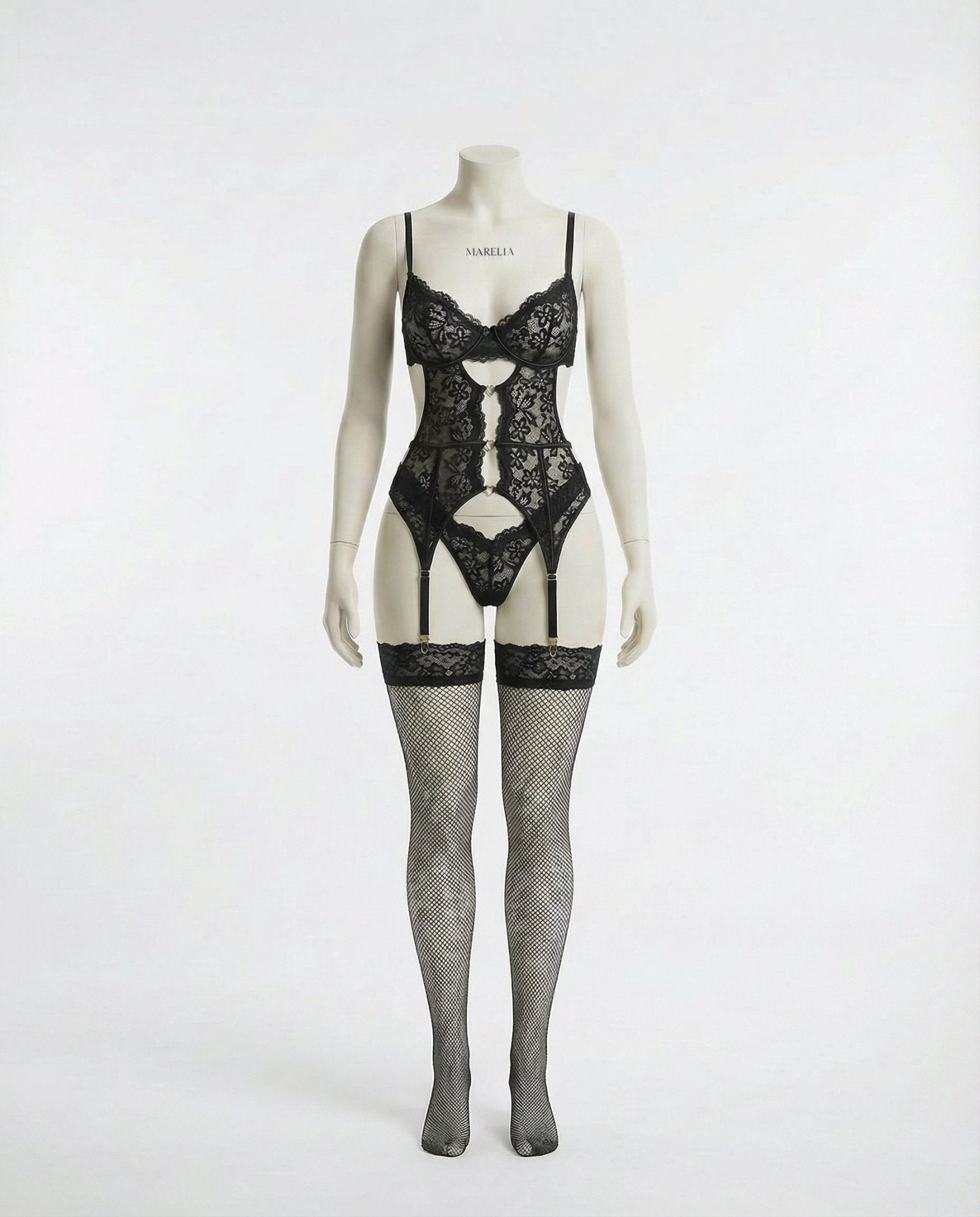 Black Lace Bra Suspender Belt Brief And Stockings Set - Marelia