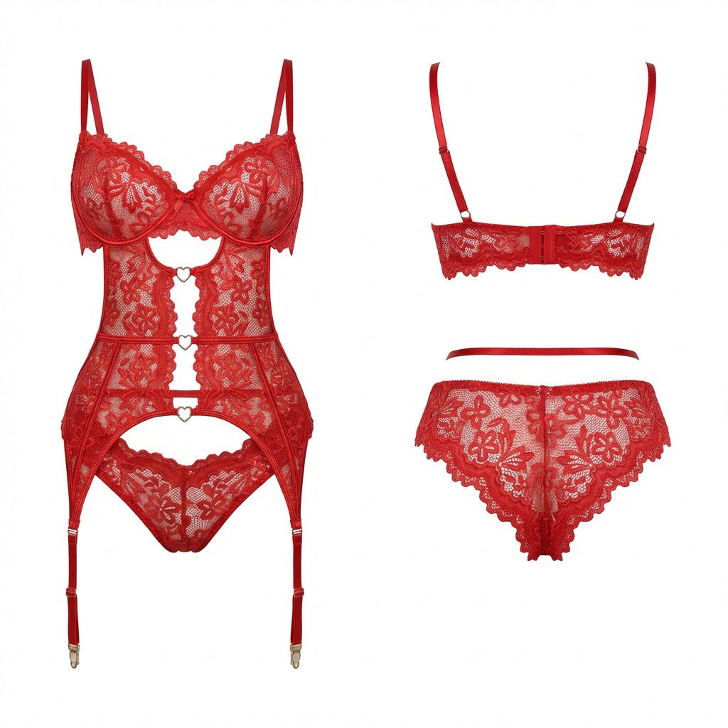 Lace Bra Suspender Belt Brief And Stockings Set - Marelia