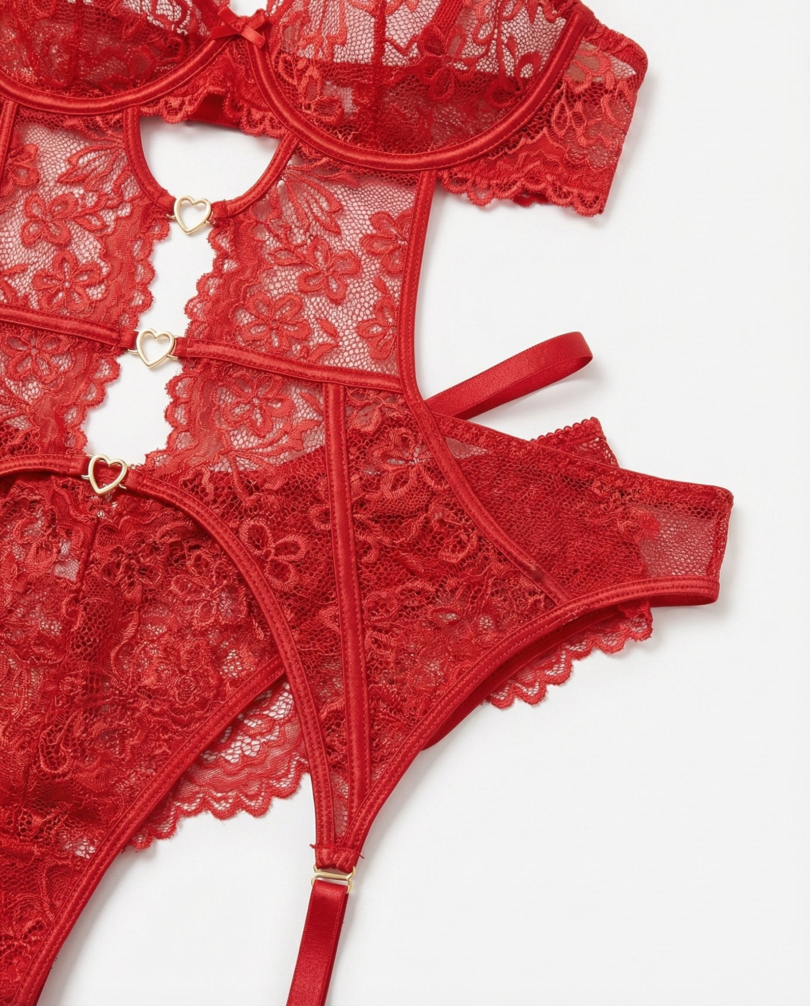 Lace Bra Suspender Belt Brief And Stockings Set - Marelia