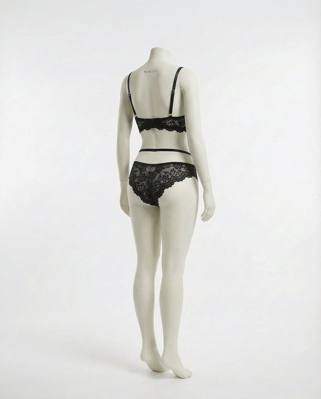 Black Lace Bra Suspender Belt Brief And Stockings Set - Marelia