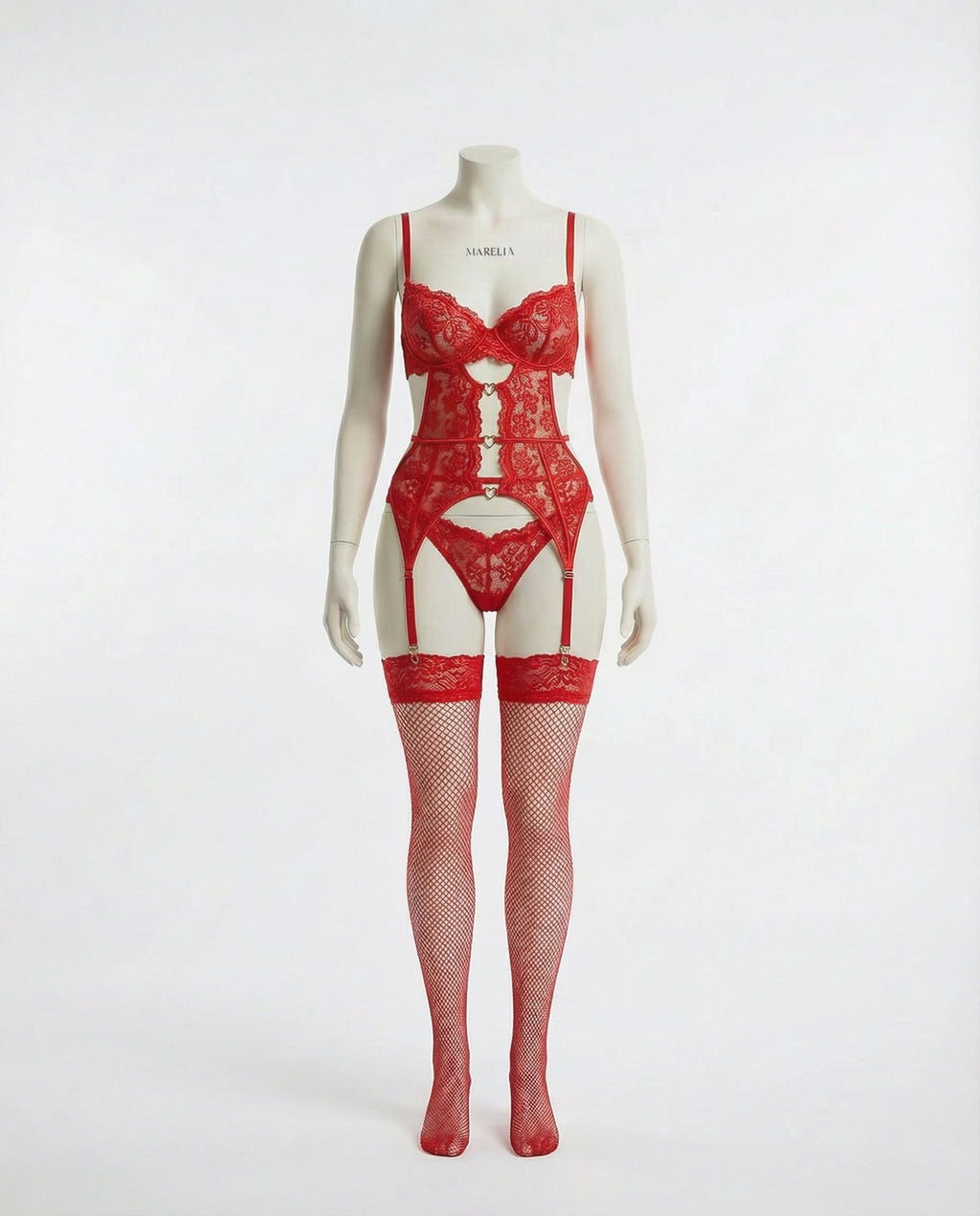 Red Lace Bra Suspender Belt Brief And Stockings Set - Marelia