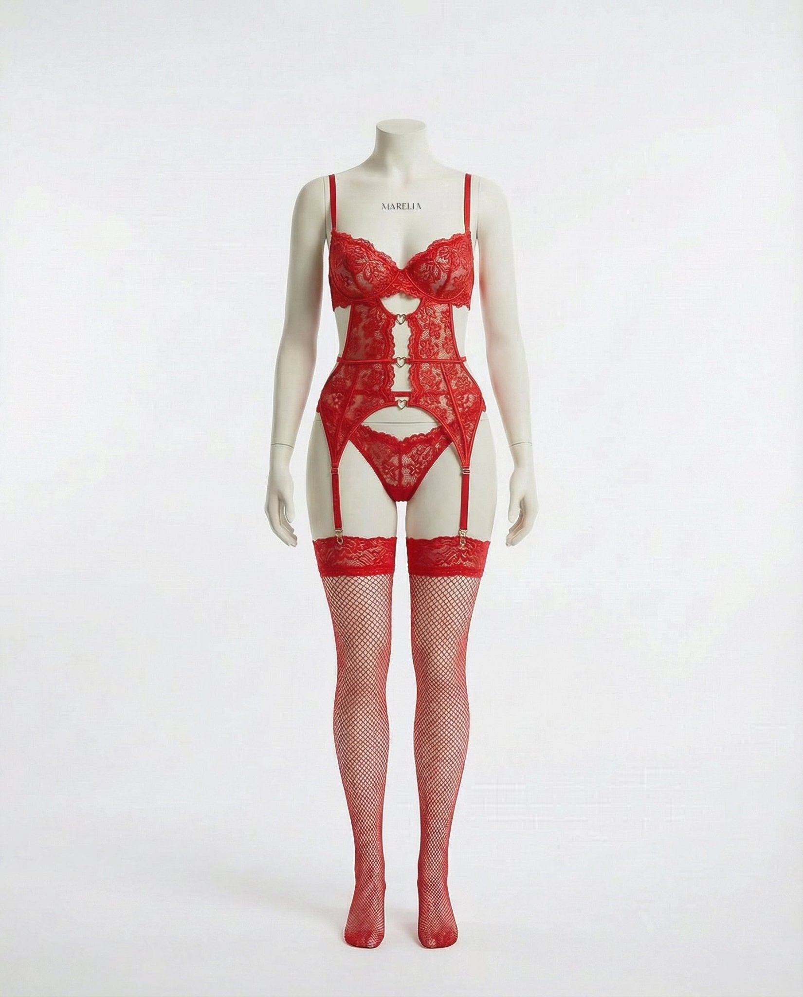 Red Lace Bra Suspender Belt Brief And Stockings Set - Marelia