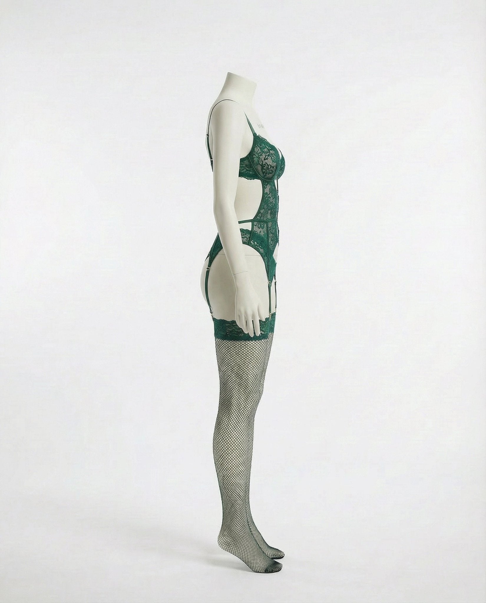 Green Lace Bra Suspender Belt Brief And Stockings Set - Marelia