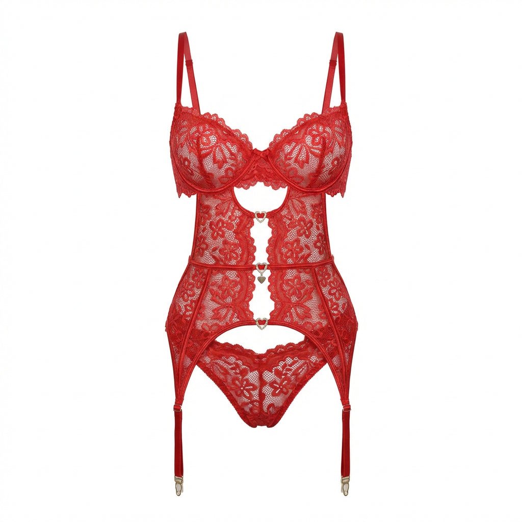Red Lace Bra Suspender Belt Brief And Stockings Set - Marelia