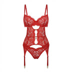 Red Lace Bra Suspender Belt Brief And Stockings Set - Marelia