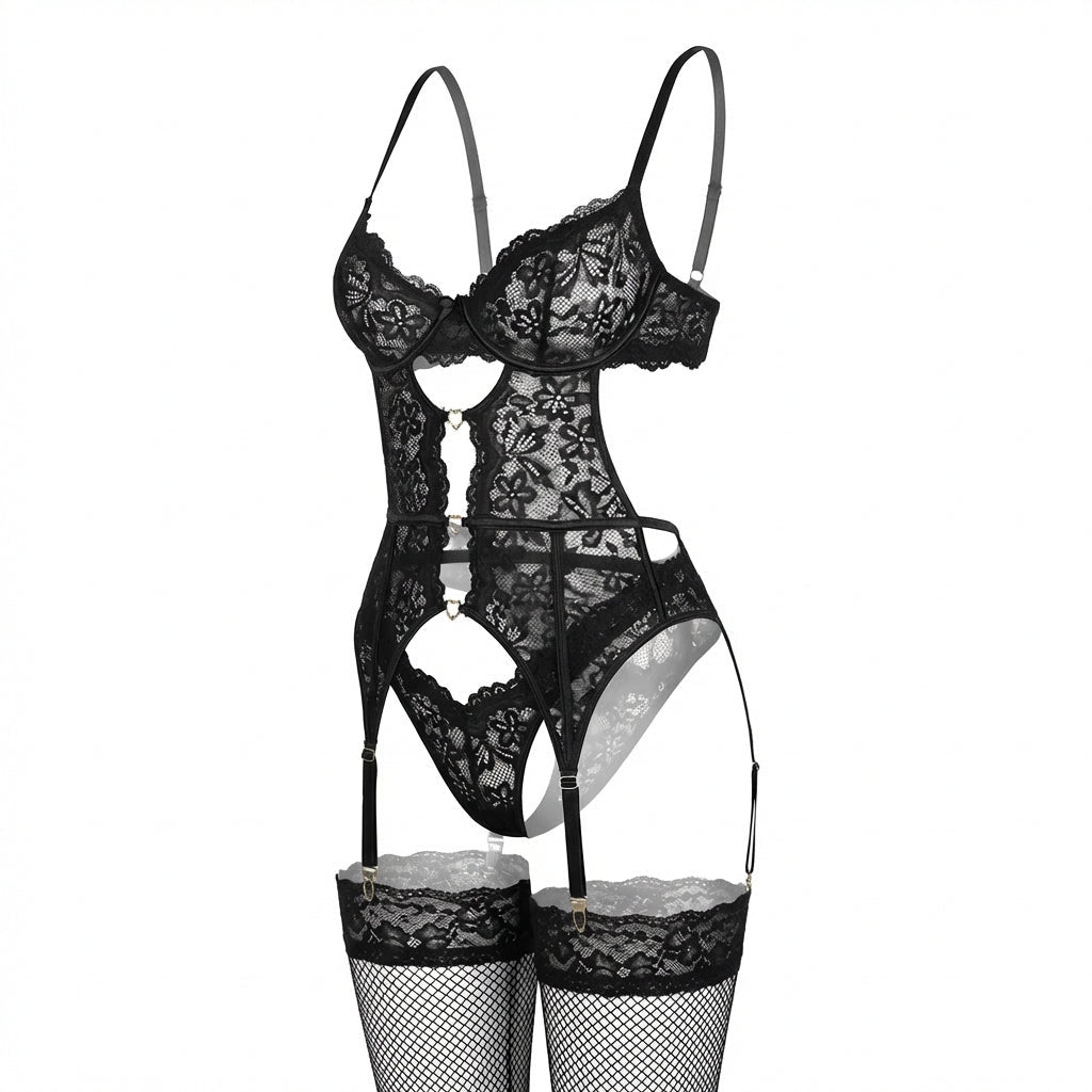 Black Lace Bra Suspender Belt Brief And Stockings Set - Marelia
