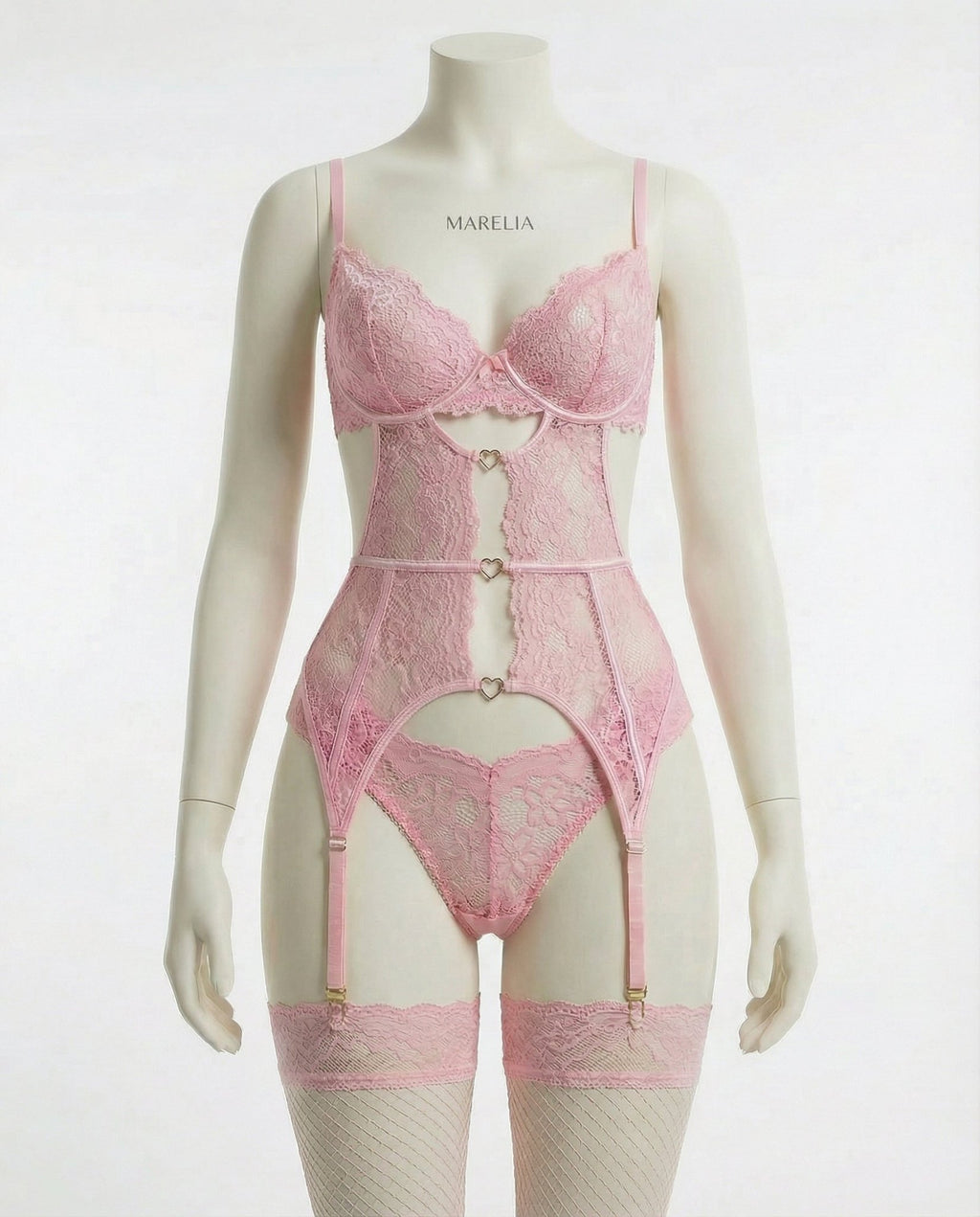 Pink Lace Bra Suspender Belt Brief And Stockings Set - Marelia