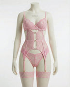 Pink Lace Bra Suspender Belt Brief And Stockings Set - Marelia