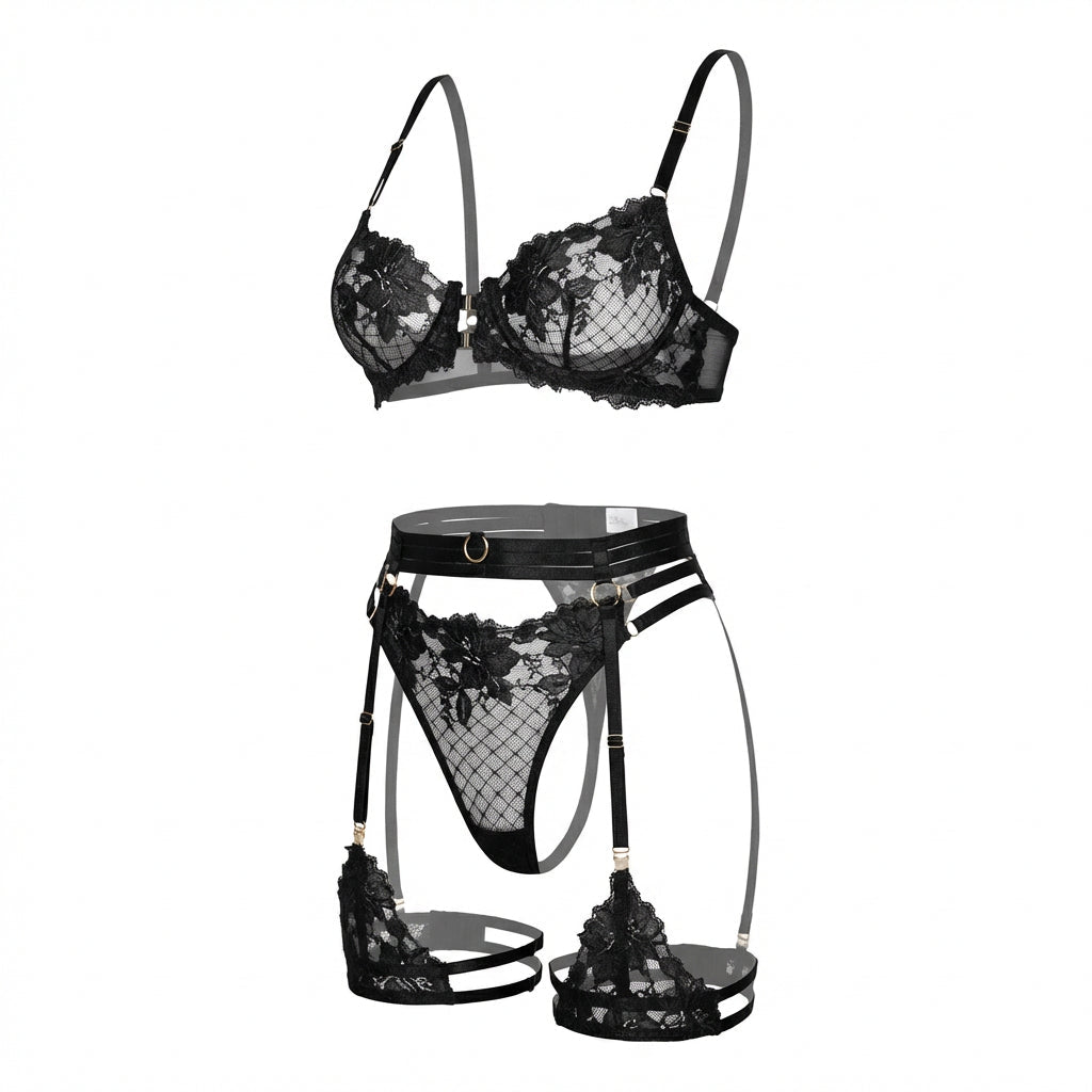 Black Lace Bra Suspender Belt G-String And Thigh Garter Set - Marelia