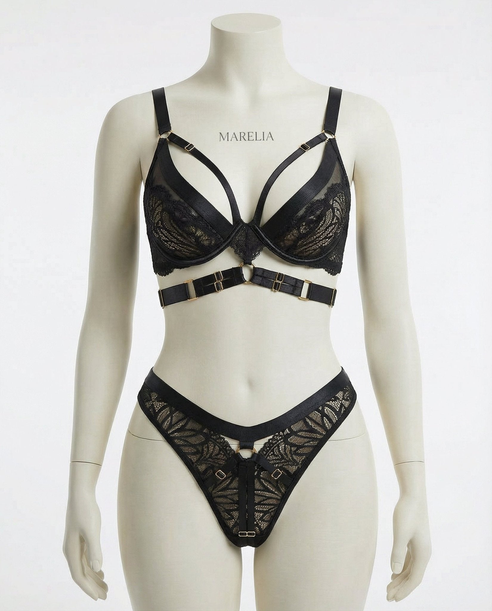 Black Lace Bra With Body Harness And High Waist Brief Set - Marelia